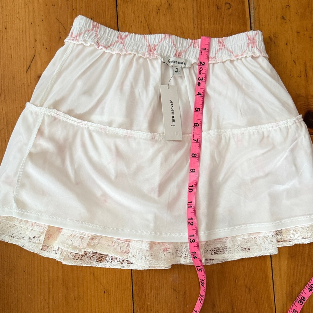Francesca’s White and Pink Lace Skirt Dotted Swiss lined Elastic Waist Sz Small - Picture 3 of 7